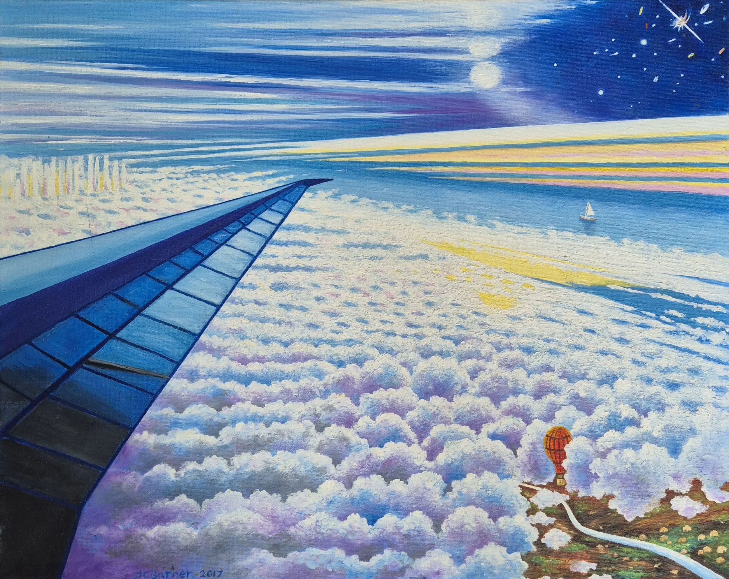 Stratosphere Place' Original Oil Painting by JC Barber. A Surreal, high altitude Aeroplane Wing Soars over fluffy white clouds, A City in the distant skyline and deep blue starry cosmos