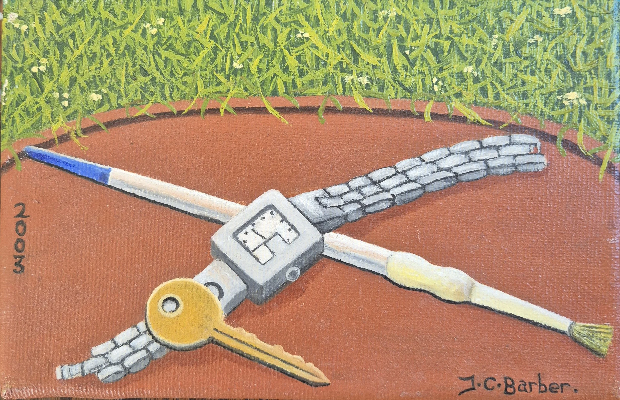 Patience: A 2003 still life midi oil painting by JC Barber featuring a watch, a golden key, and a paintbrush.