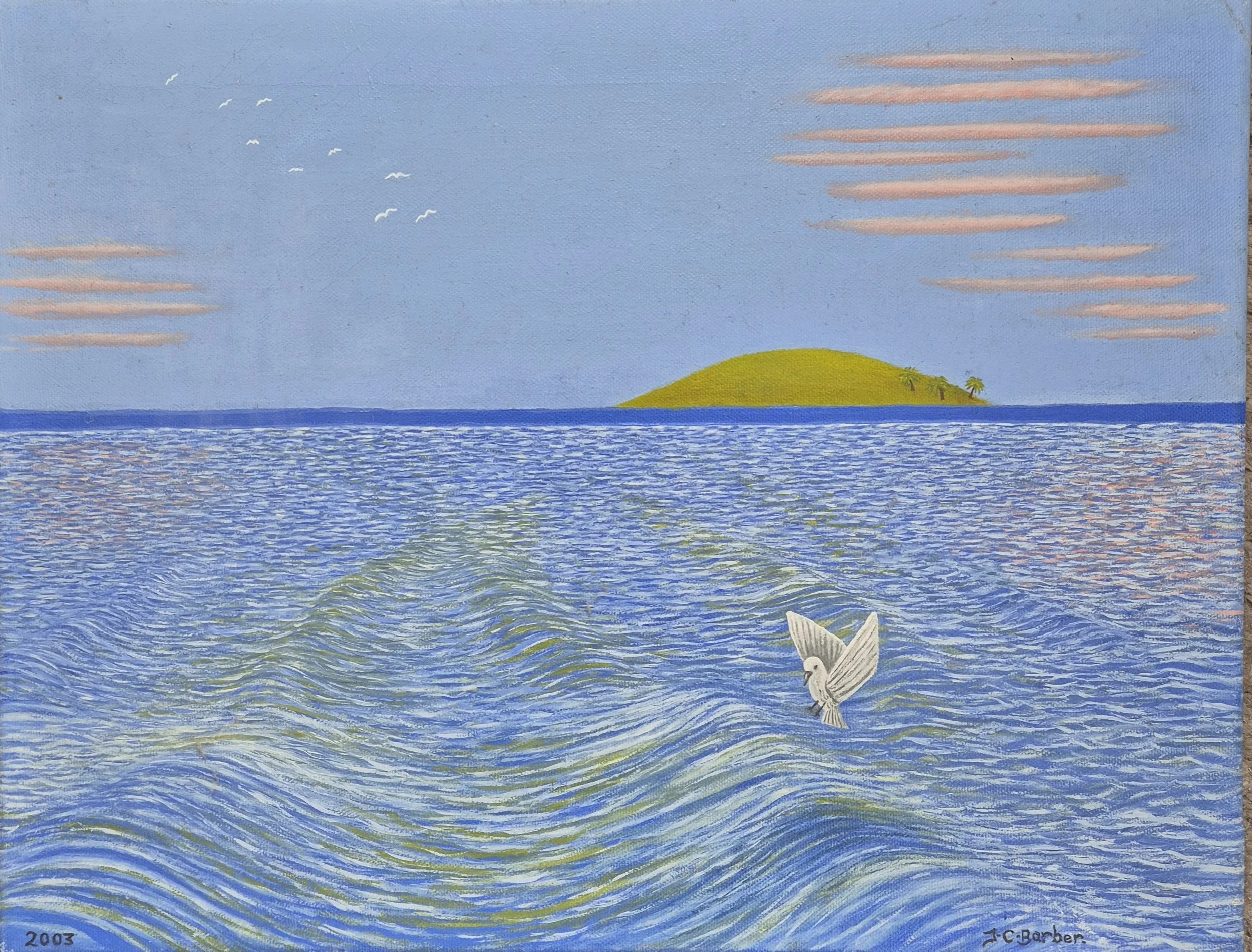 The Calm Sea: A 2002 oil painting by JC Barber featuring a peaceful blue ocean, a distant island, and a white bird in flight