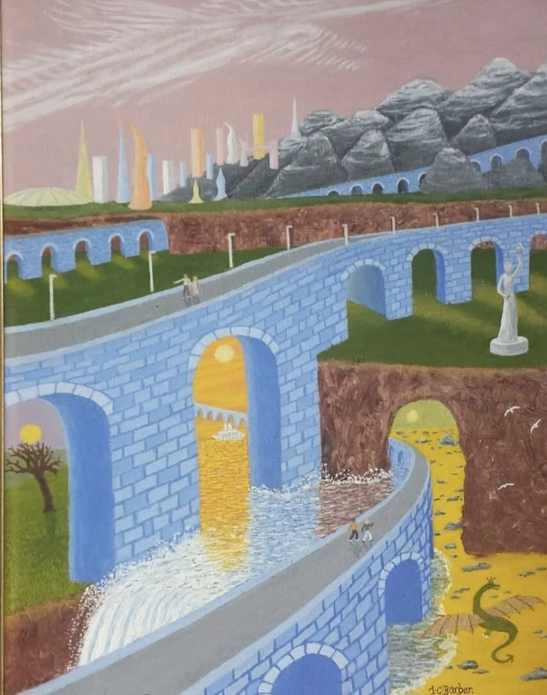 Blue Bridges: A surreal oil painting by JC Barber from The Expanded Mythos, featuring sweeping blue aqueducts  and pathways