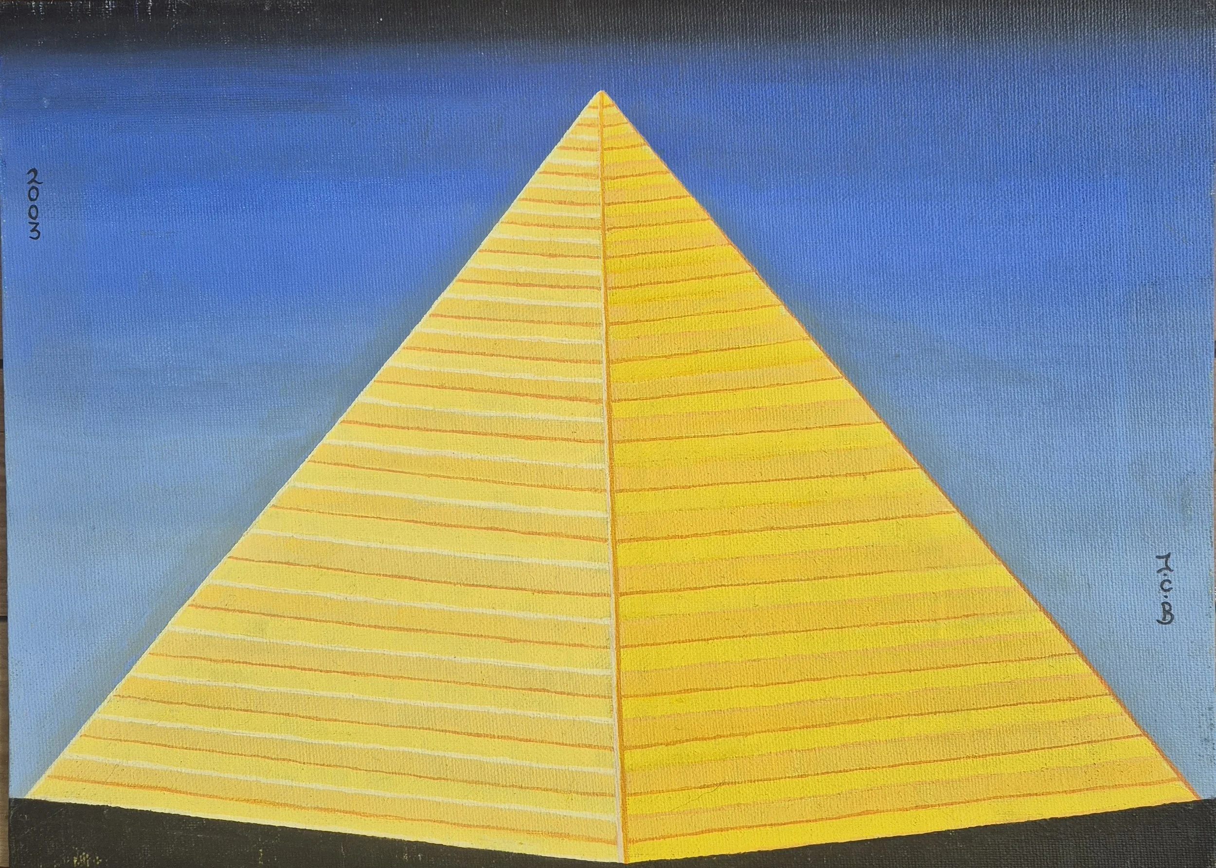 Pyramid 2: A 2003 geometric oil painting by JC Barber. The  final piece of The Ancient Chamber closing The Millennium Mythos Trilogy, features  a striking, monumental golden yellow pyramid