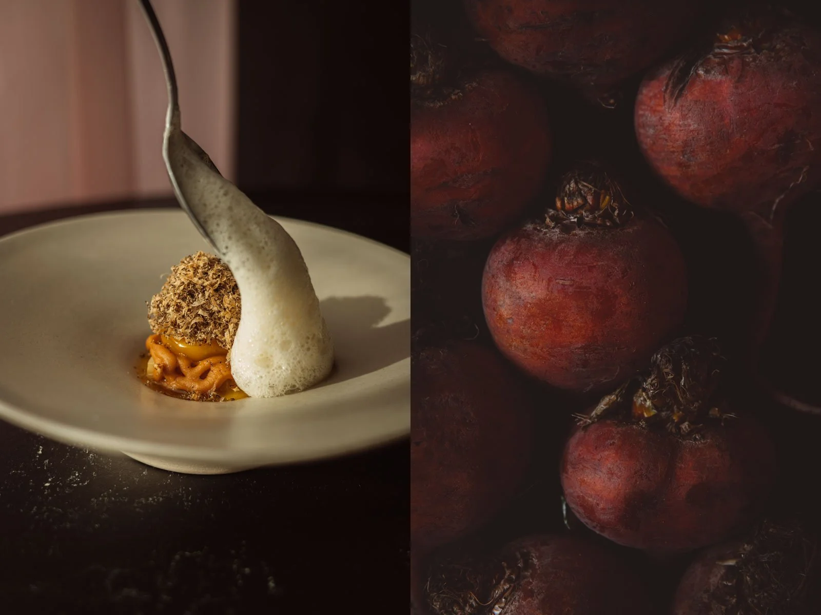 A plated sophisticated dish and a pile of reddish-brown beets on a dark background. Restaurant Putaine, Rotterdam Photography Sophia van den Hoek
