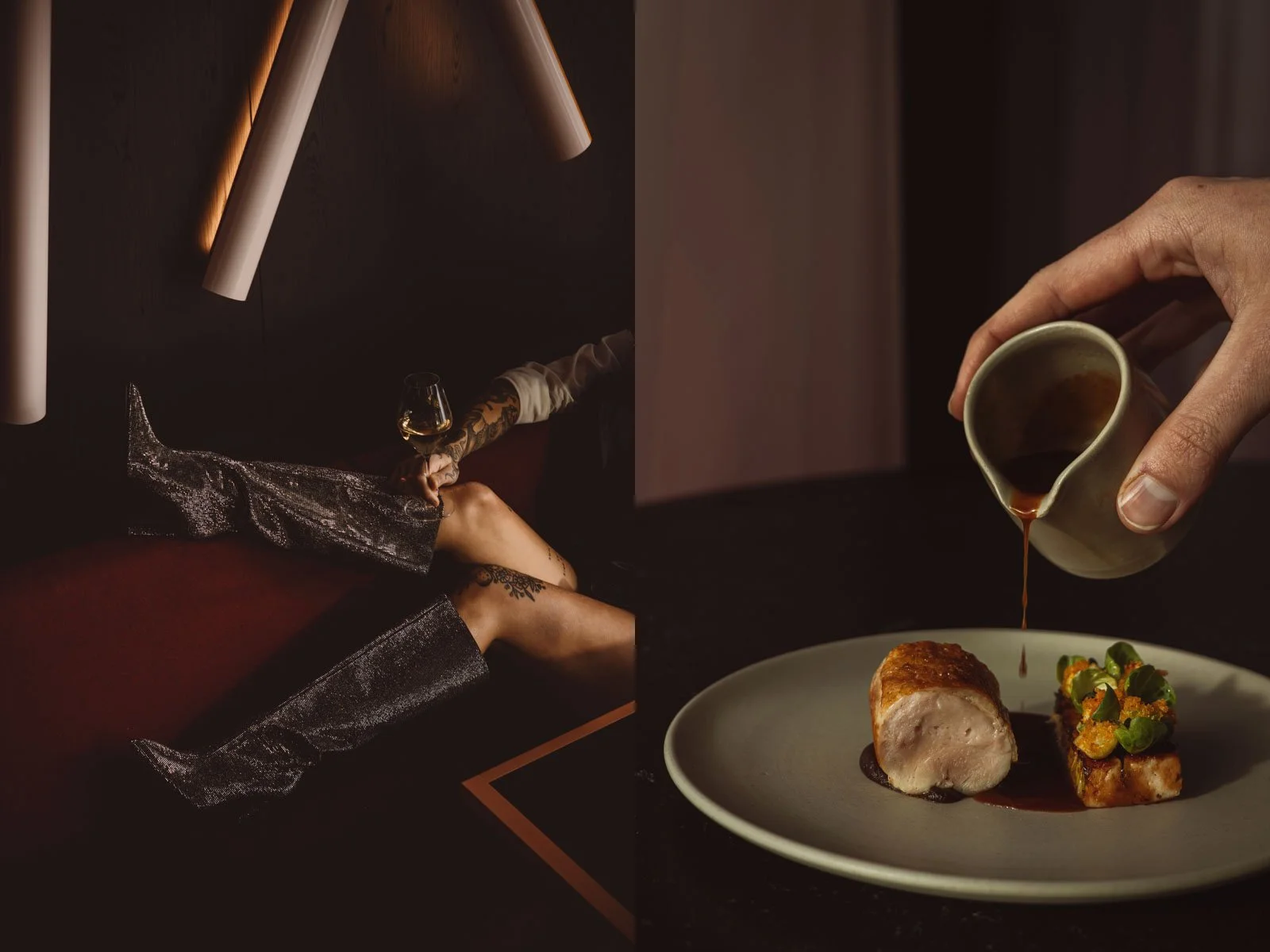 A person holding a glass of wine with a dark background and a dark-skinned hand pouring sauce over a plated gourmet dish featuring a piece of meat and garnished vegetables.Restaurant Putaine, Rotterdam, The Netherlands