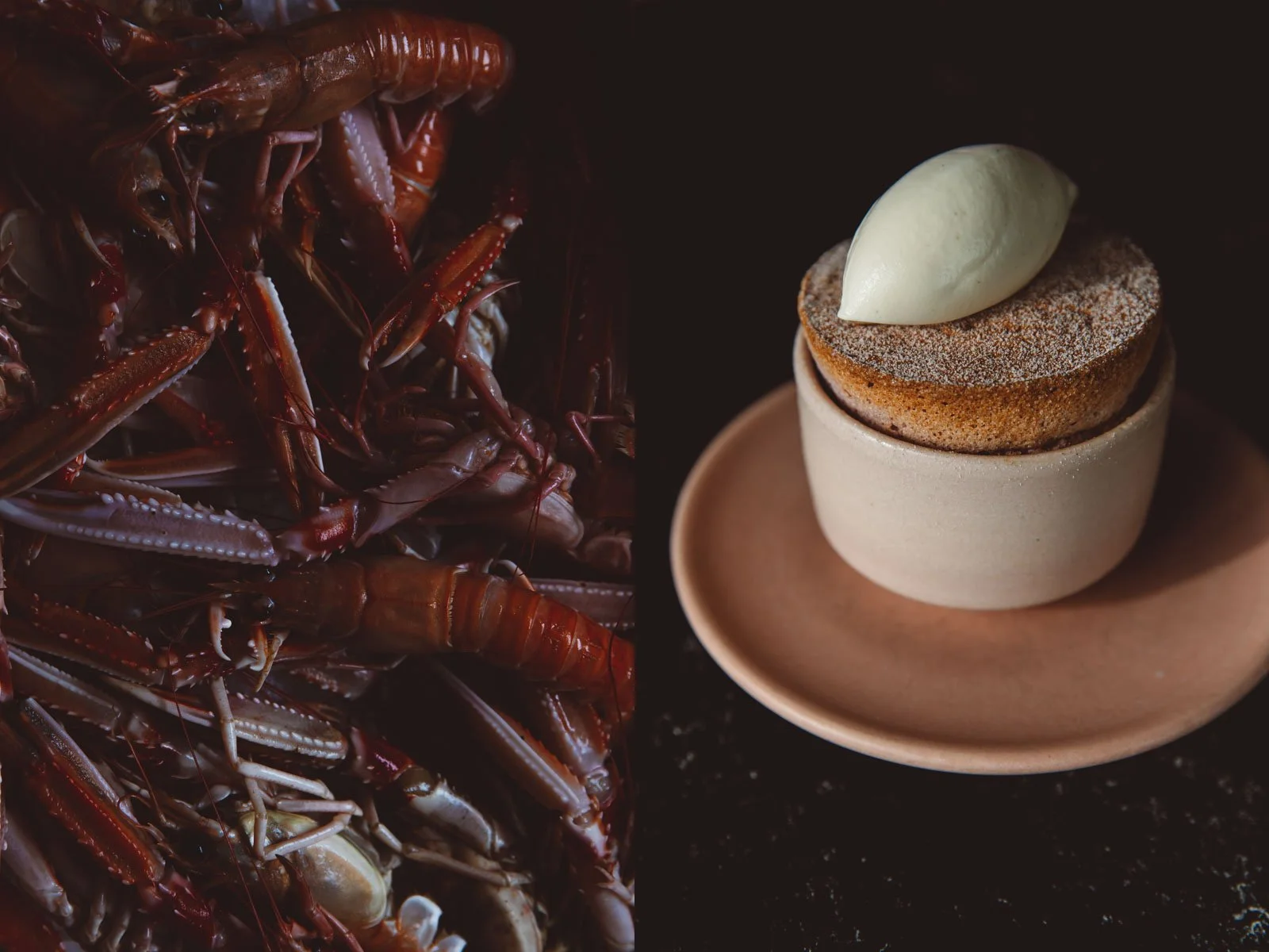 Close-up of fresh crayfish on the left and a baked dish with cream on top, served in a small bowl on a plate on the right. Restaurant Putaine, Rotterdam, The Netherlands
