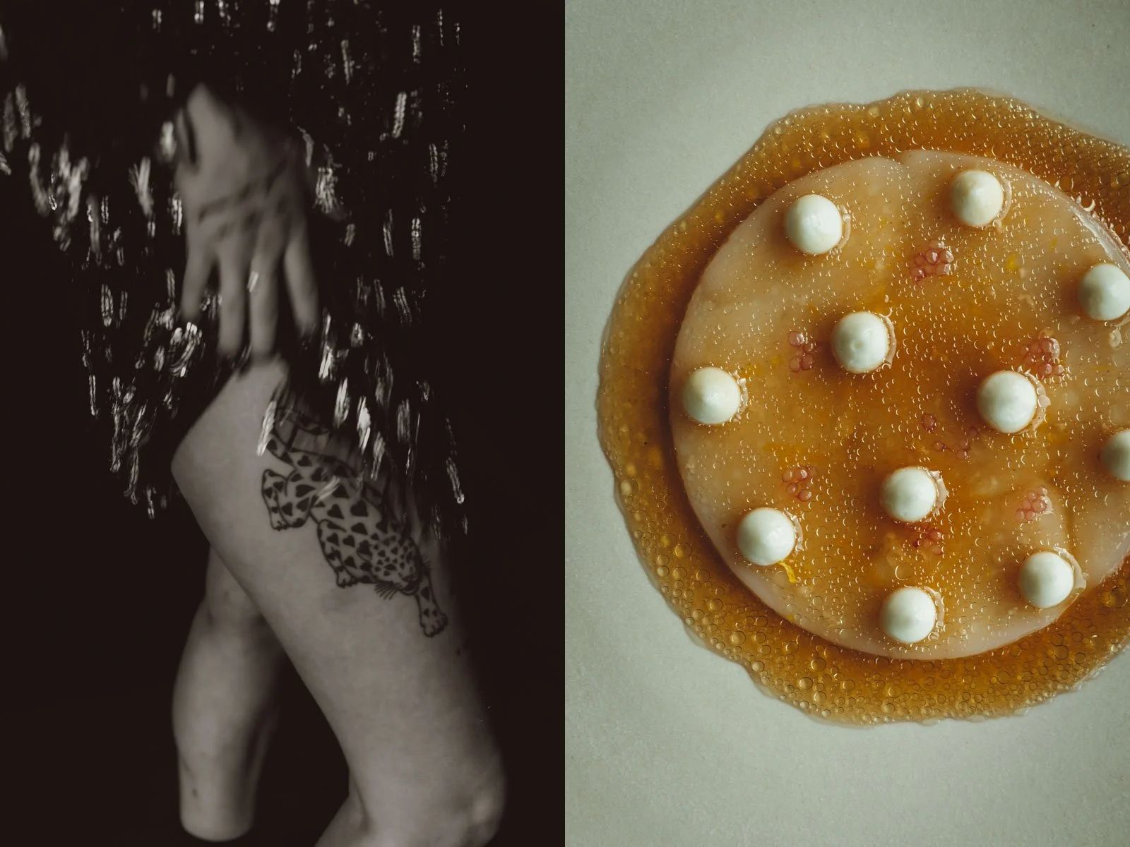 A black and white photo of a woman with tattoos on her arm and long hair, on the left. On the right, a close-up of a round, orange-colored cake with white spherical decorations on top, with a glazed surface and bubbles. Restaurant Putaine, Rotterdam,