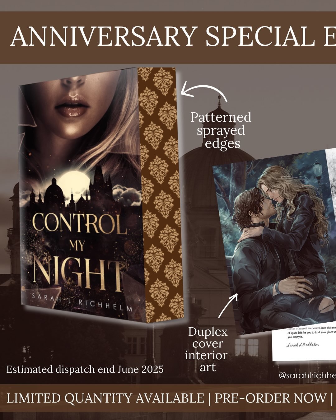PRE-ORḎERŚ ARE OPEN 🤎 Control My Night celebrates its first anniversary in June, and to mark the occasion a special edition will soon be available! 

If things like gold foiling, patterned sprayed edges, and pretty commissioned artwork make you exci