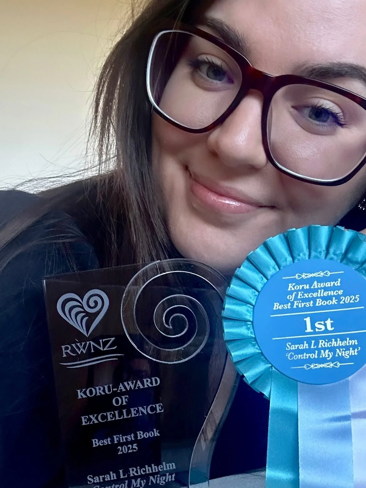 🤎 RWNZ Koru Award of Excellence Best First Book 2025 🤎
Last month I had the pleasure of learning that Control My Night had won the Best First Book category for the Romance Writers of New Zealand annual Koru Awards (!). 

My biggest thank you to the