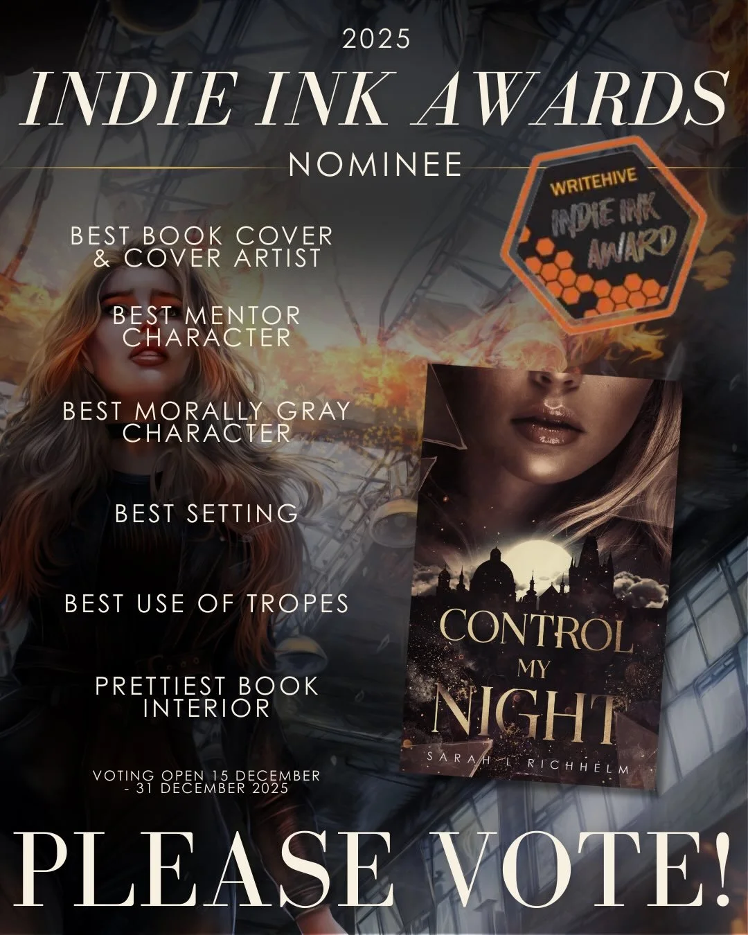 NOMINATED IN THE 2025 INDIE INK AWARDS!

My XMen meets maf!a debut Control My Night is nominated in the following categories 💥 
- Best book cover and cover artist (shoutout to @jaquelinekropmanns.coverdesign!)
- Best mentor character
- Best morally 