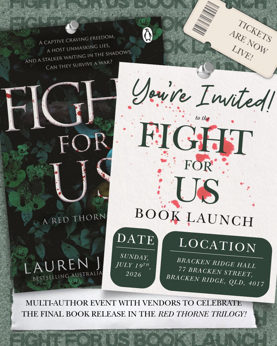 BRISBANE BOOK EVENT 🖤 Join us for an incredible multi-author and vendor signing to celebrate the release of the last book in the Red Thorne trilogy by @laurenjacksonauthorr, Fight For Us! 

📍 Bracken Ridge Hall
77 Bracken Street, Bracken Ridge QLD 