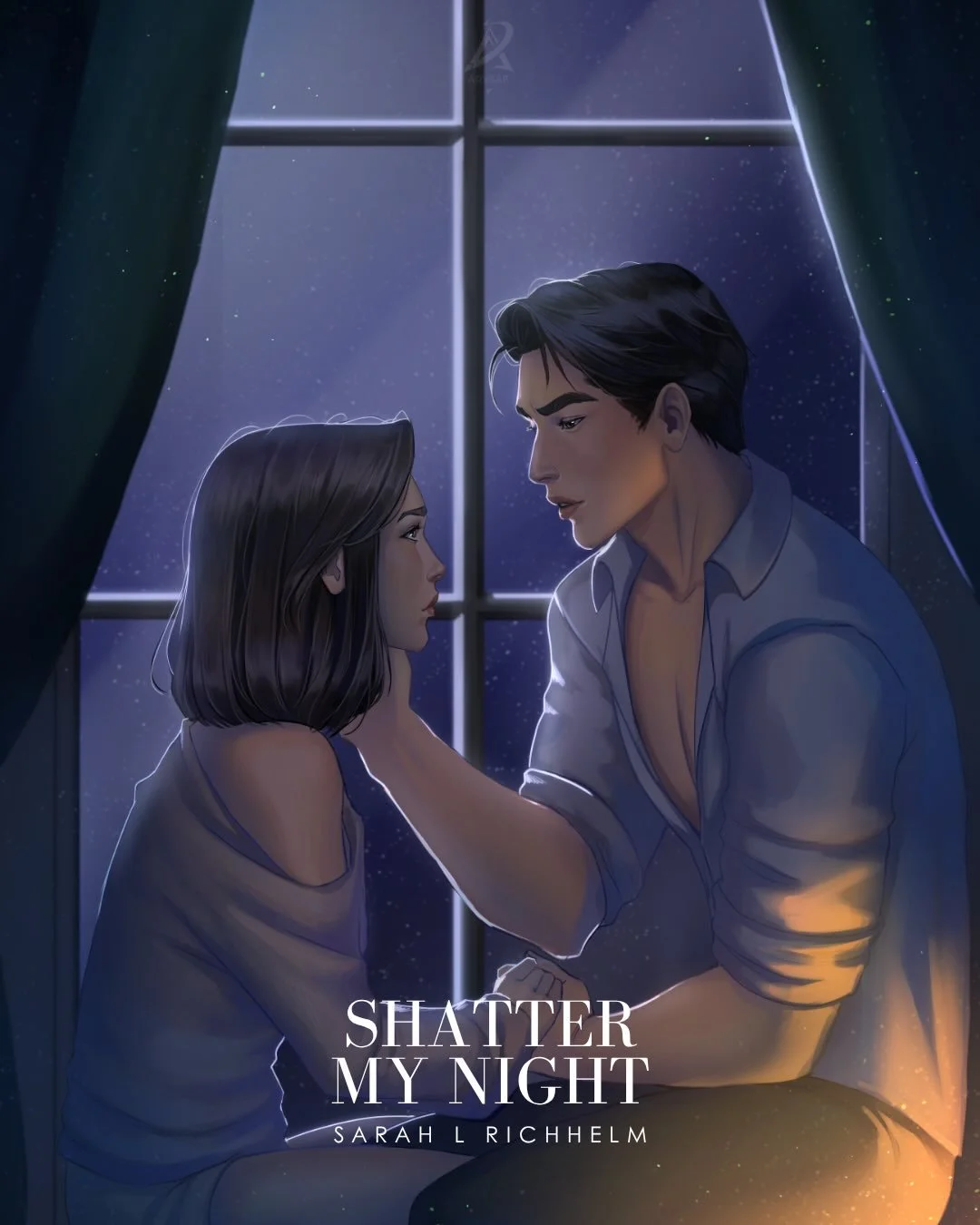 Everyone, meet Anika and Reo. Anika and Reo, meet everyone 🩶 ART REVEAL the talented @arysaeart brought to life one of the sloooooooowwst burn moments (in a string of even slower burn moments) from Shatter My Night and LOOK AT THEM. 

The moonlight.