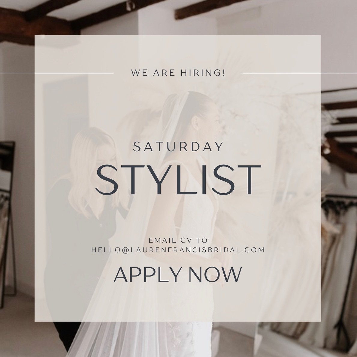 ✨ WE ARE HIRING ✨

So excited to announce our incredible team is growing and we are on the look out to add an amazing bridal stylist to our team for our busy Saturday&rsquo;s.

We pride ourselves on offering the BEST service to our brides so we are l