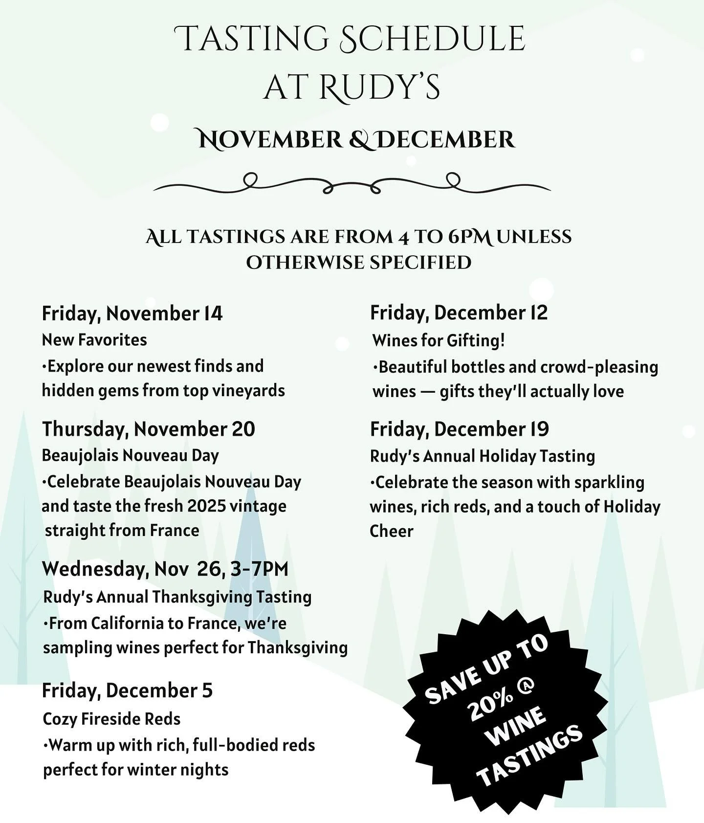 Our holiday tasting schedule is here! Can&rsquo;t wait to sample some great wines and spirits this holiday season!