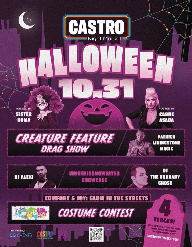 Halloween in The Castro is soooo back🎃 Join us for the last @castro.nightmarket of the year, ON Halloween, next Friday (5-10pm)

🎙️ Hosted by&nbsp;@sister_roma&nbsp;&amp;&nbsp;@thecarnieasada
🧟&zwj;♀️ Creature Feature Drag Show
🪄&nbsp;@patrickliv