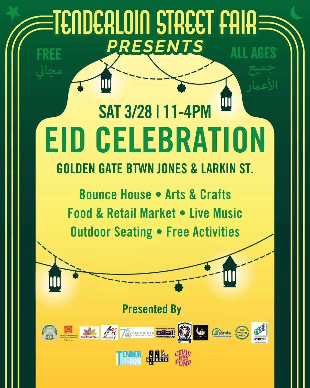 Join us for a community Eid Celebration Street Fair in the Tenderloin!🌙✨

📅 Saturday, March 28
⏰ 11 AM &ndash; 4 PM
📍 Golden Gate Ave between Jones &amp; Larkin

Enjoy:
🛍 Local vendors &amp; retail market
🍽 Delicious food
🎨 Arts &amp; crafts
🏰