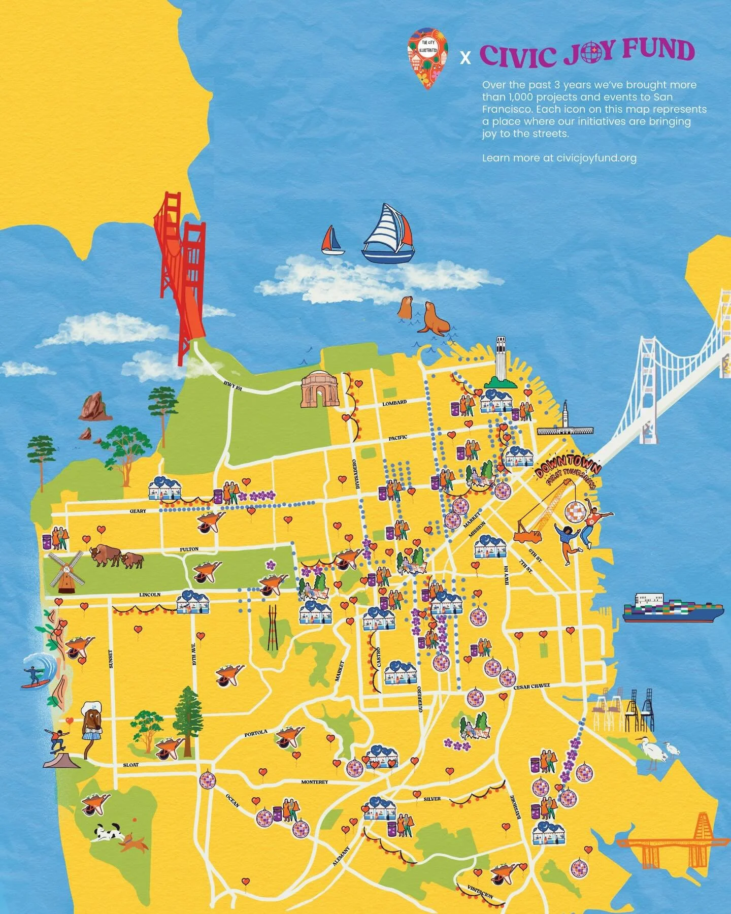 Thank you @the_city_illustrated for this incredible map of our work to date!🪩🗺️

Almost 3 years of funding civic joy and wow it&rsquo;s been busy. 

From night markets to block parties and trash clean ups, we believe that cities become more resilie