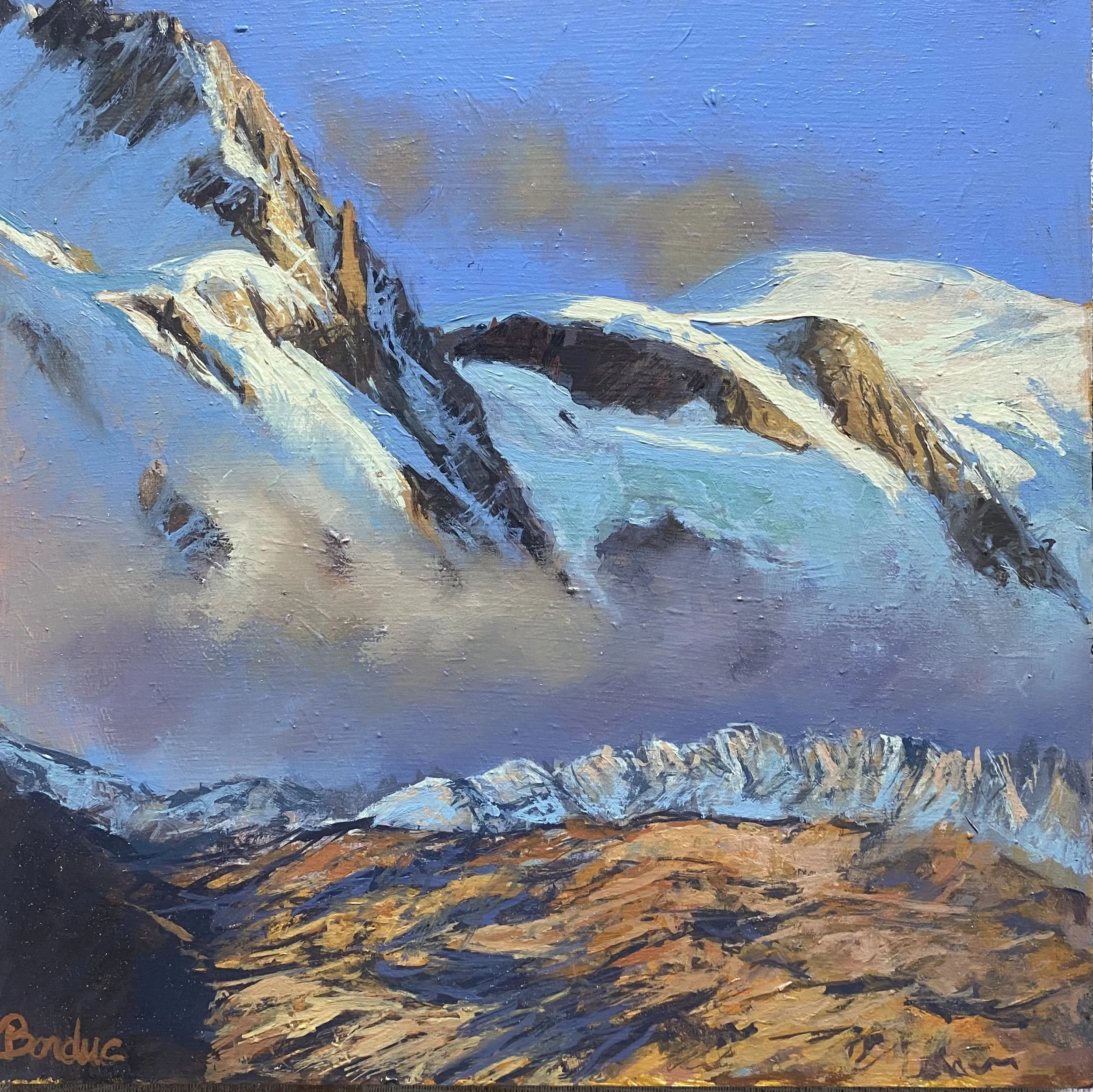 Dernière lueur sur le Mont Blanc. 30 x 30 cm