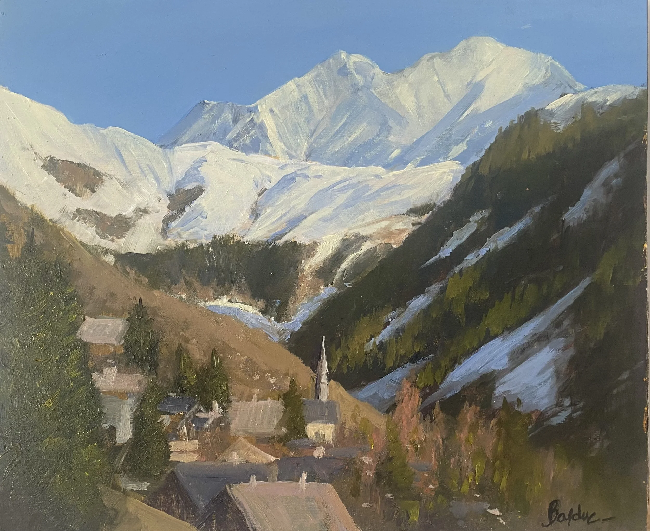 Hauteluce et le Mont Blanc en automne.  25 x 30cm. Sold