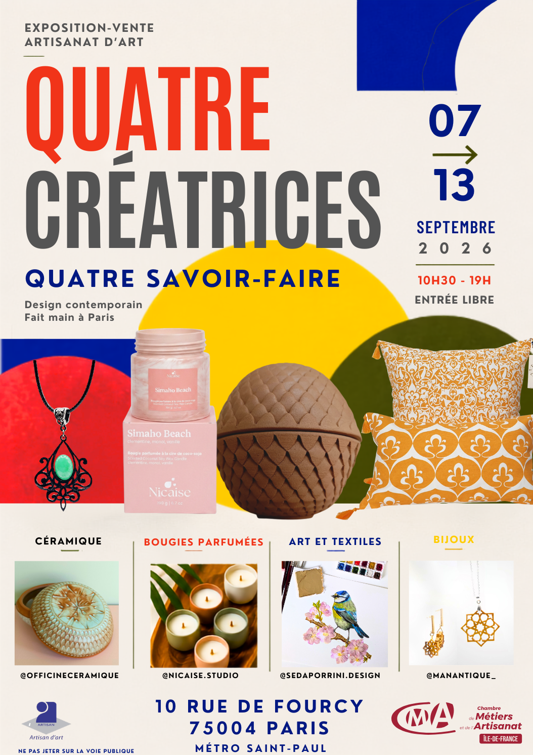 Flyer de l’exposition-vente Quatre Créatrices à la Boutique 10Sign, réunissant céramique, bougies parfumées, art textile et bijoux, du 7 au 13 septembre 2026, 10 rue de Fourcy à Paris