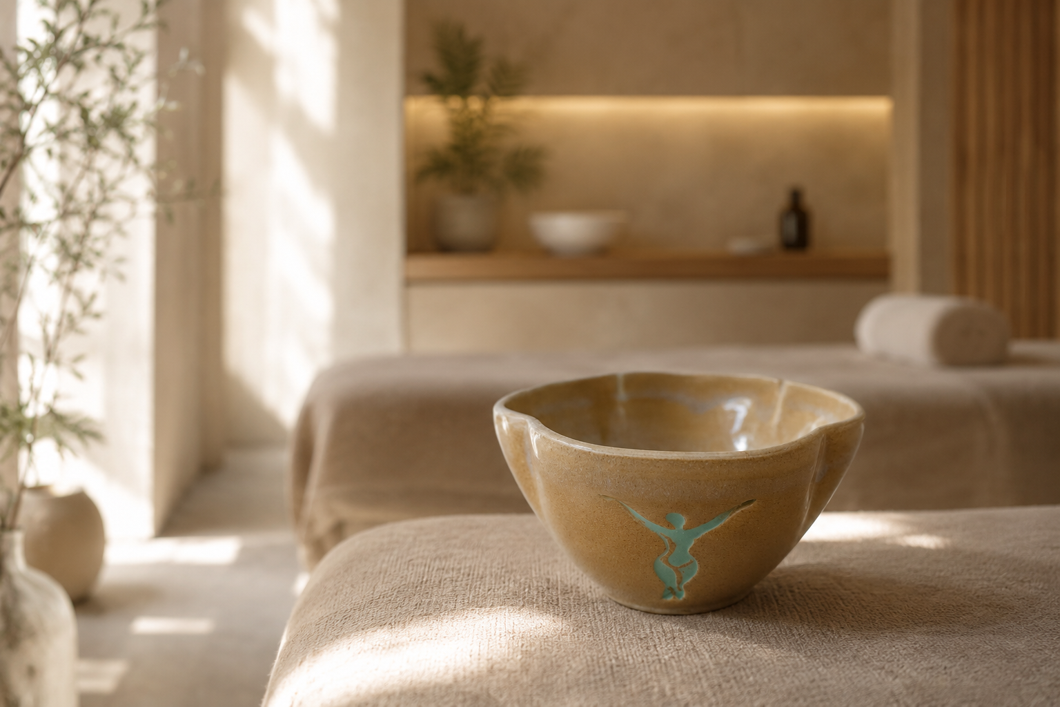 Bol artisanal en céramique dans un espace de soin et de bien-être contemporain.