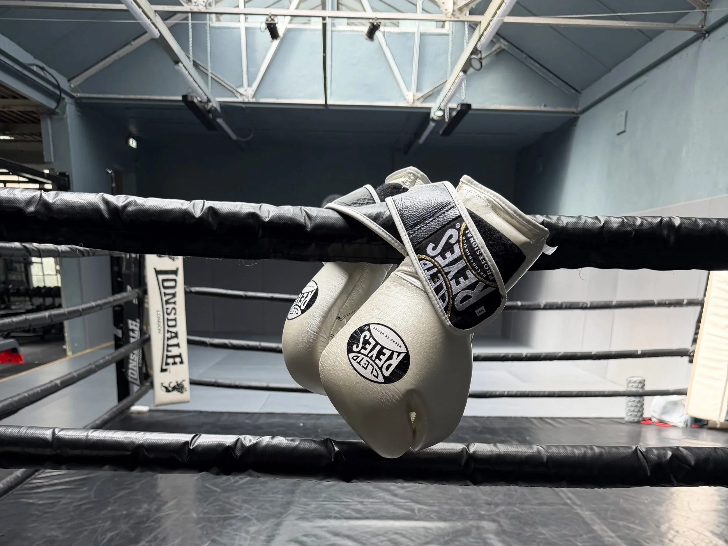 cleo reyes boxing gloves hanging from the top rope in a boxing club in Camden