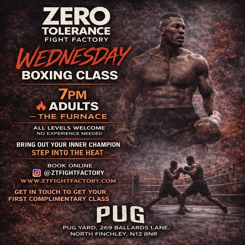 WEDNESDAY BOXING CLASS 7PM

Looking for boxing classes in North Finchley?

Join our Adults Boxing Class The Furnace at Zero Tolerance Fight Factory inside PUG Yard.

This class is perfect if you want to

🔥 Get fit and burn fat
🔥 Learn real boxing t