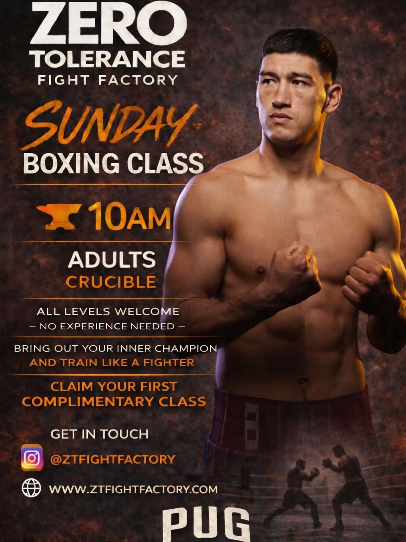 Sunday Boxing Class &ndash; 10AM 🥊

Start your Sunday like a fighter.

Whether you&rsquo;re a complete beginner or experienced, our Adults Crucible class will push your fitness, sharpen your boxing skills and test your mindset.

✔️ All levels welcom