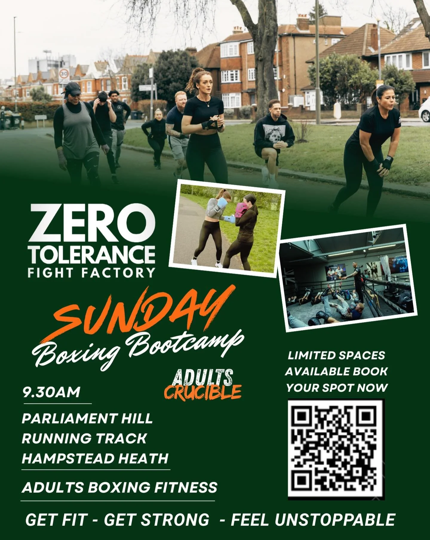 &ldquo;Sundays just got better 🥊&rdquo;

Join our Zero Tolerance Boxing Bootcamp at Hampstead Heath and start your week with energy, structure, and a great group 💥

💥 Burn calories
🥊 Learn boxing basics
💪 Build strength and fitness
👊 Train outd