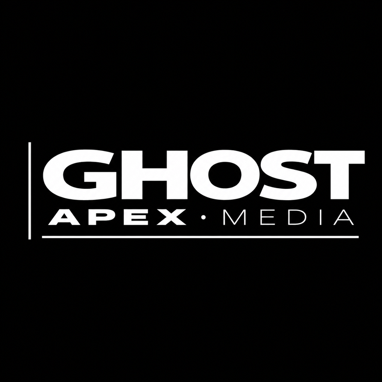 Black background with white text reading "GHOST APEX MEDIA" with lines above and below the text.