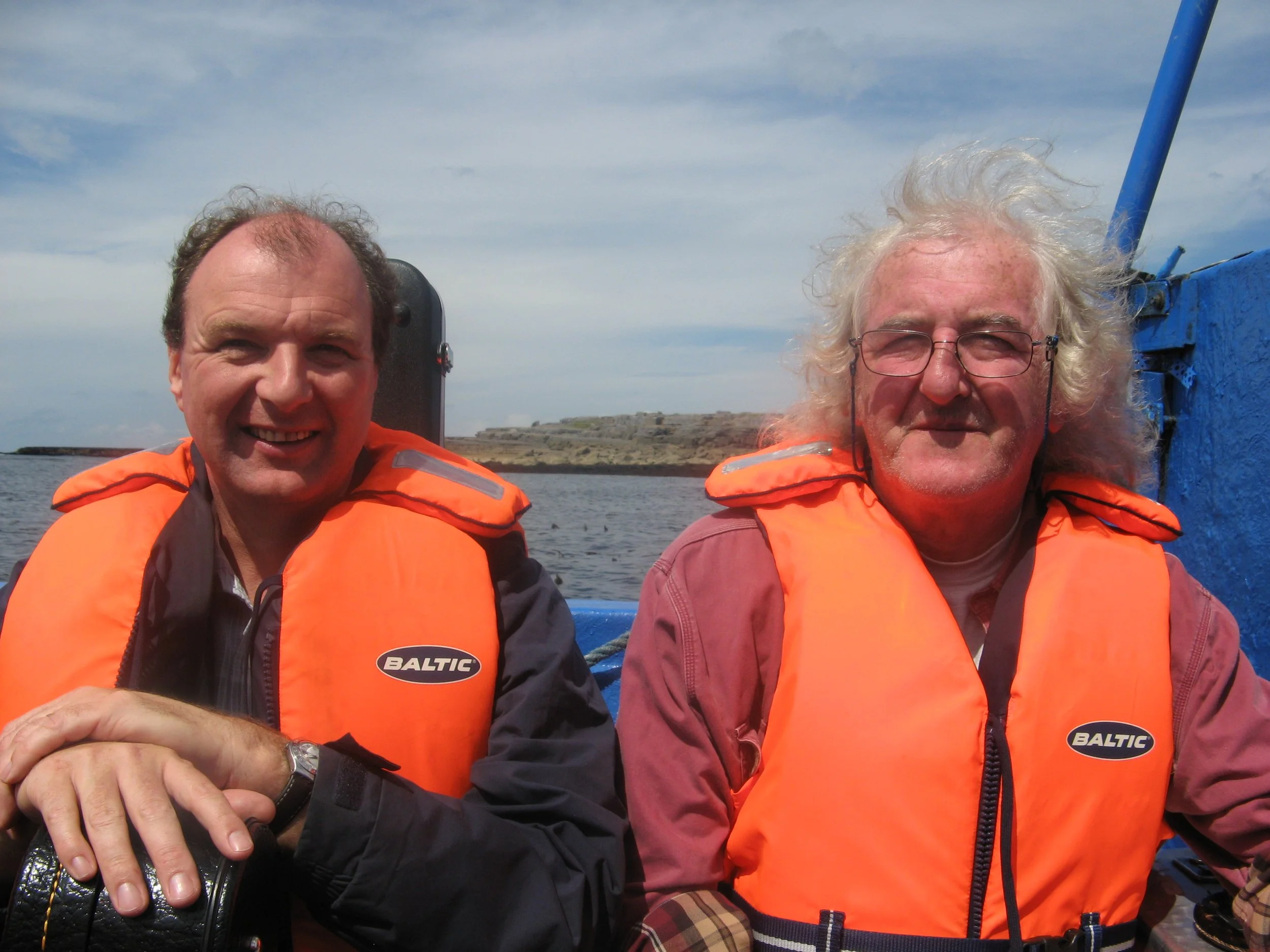 Kevin Macleod all at sea with Alec Finn! Heading for a concert with Mary Staunton on Inis Oirr, Ireland 2009