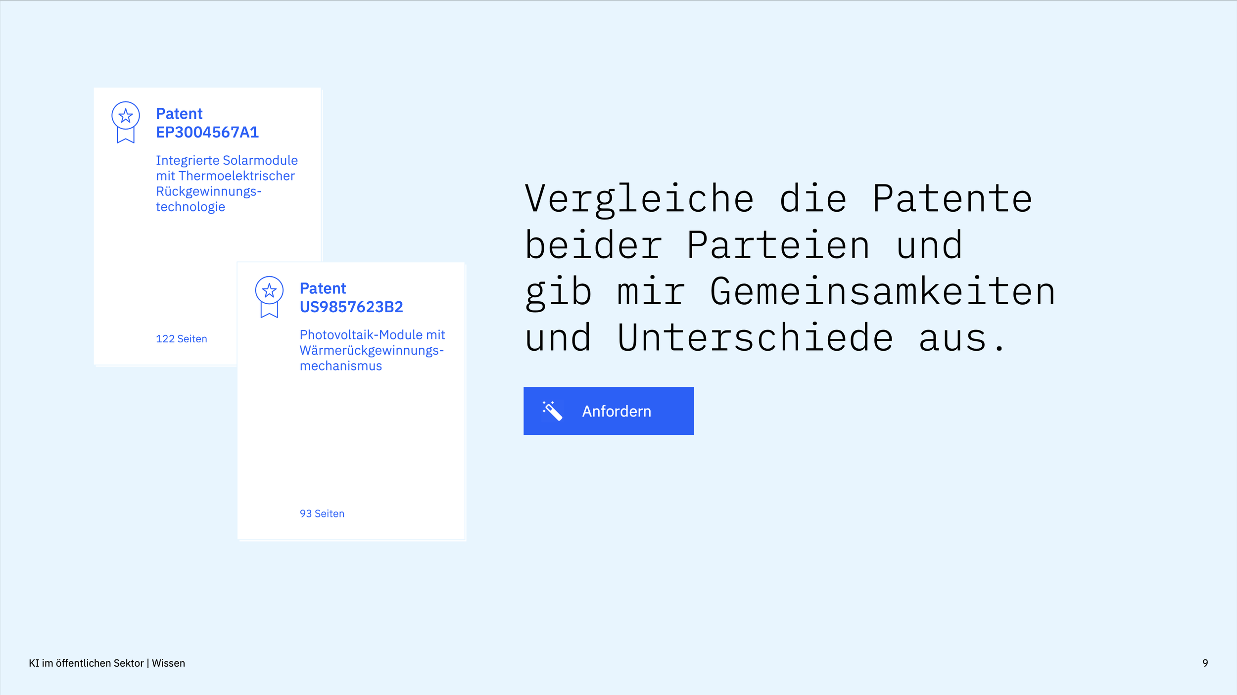 Translation of the prompt: "Compare the patents of both parties and give me similarities and differences." – The whitepaper discusses the role of AI in knowledge management for state employees like lawyers in this example.