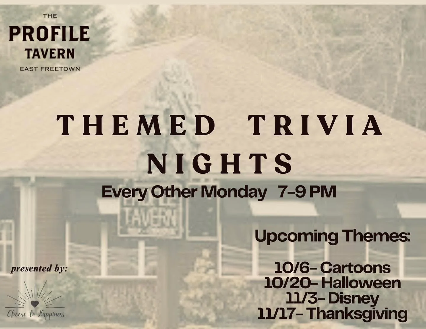 Mondays are always Game Night here at The Profile Tavern and this week is cartoon themed trivia! 🧠🍔

Free to play, fun for all ages, and prizes for winning teams! 🏆