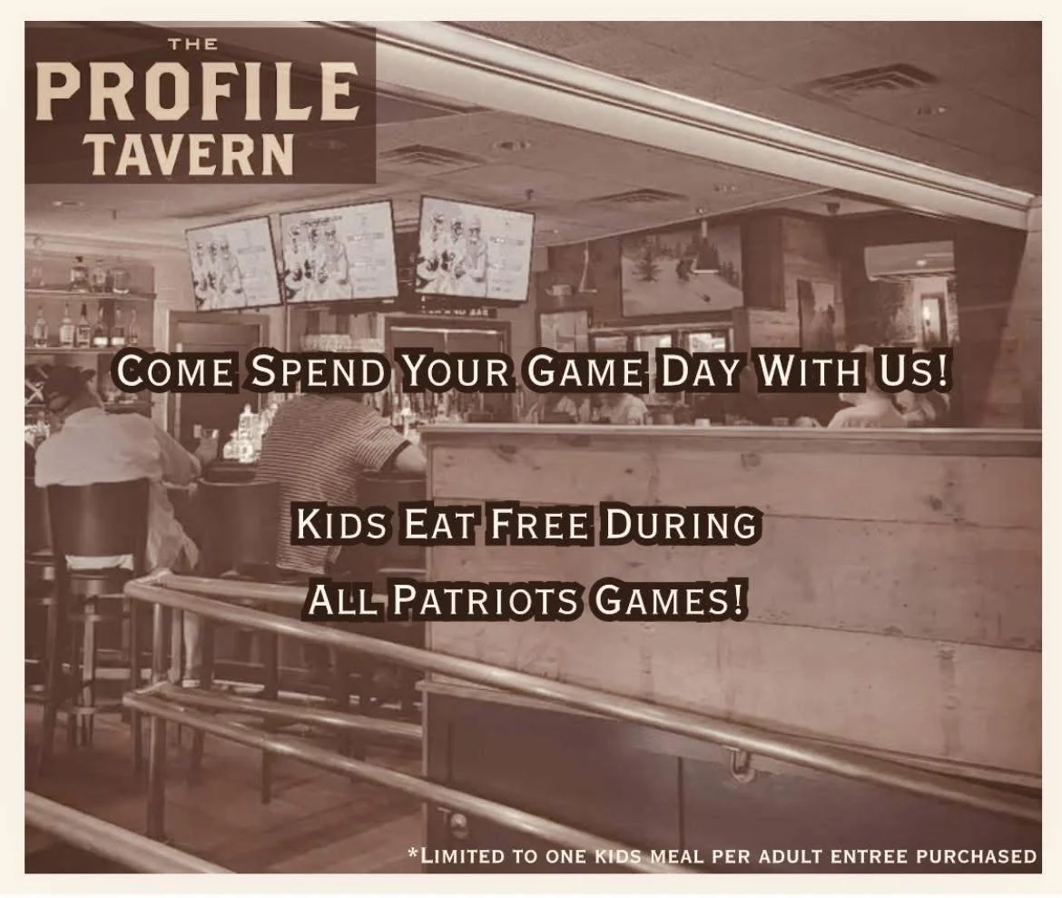 Patriots at one - cold drinks and good food served allll day! 🍺🍕🏈🍔

Make your reservations here to save your spot- Go Pats! ❤️🏈💙
https://tinyurl.com/profiletavern 🔥