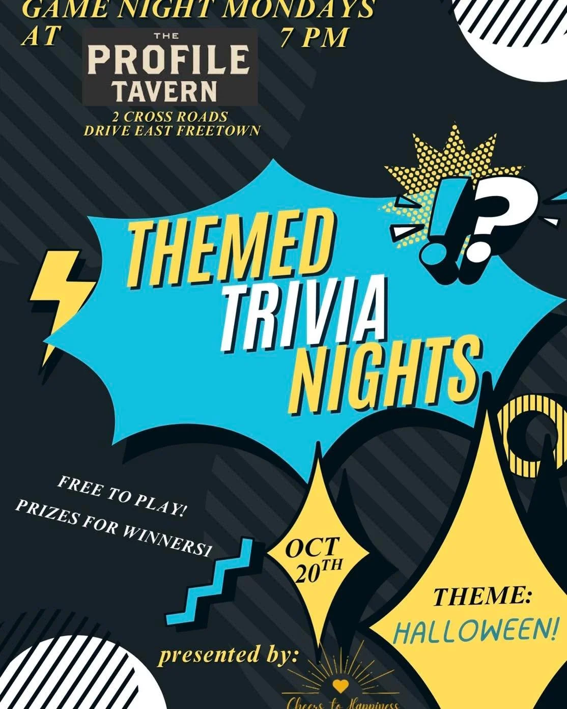 Things are getting creepy at Game Night Monday this week- trivia is All About Halloween! 🎃

From spooky stories to sweet treats- Cheers to Happiness will be here to ask all the important questions about everyone&rsquo;s favorite ghoulish holiday! Fu