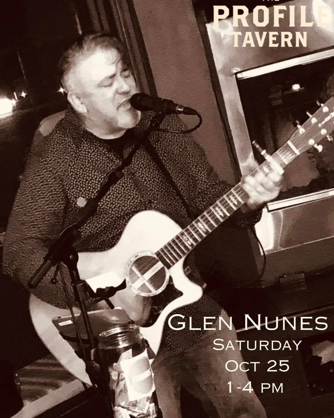 ‼️Live music alert ‼️ 
Glen Nunes plays Sat, Oct 25 • 1–4 PM. 
Come early, stay late, bring friends! 🎶
#LiveMusic #SaturdayVibes #freetownma #profiletavern #eatlocal #drinklocal