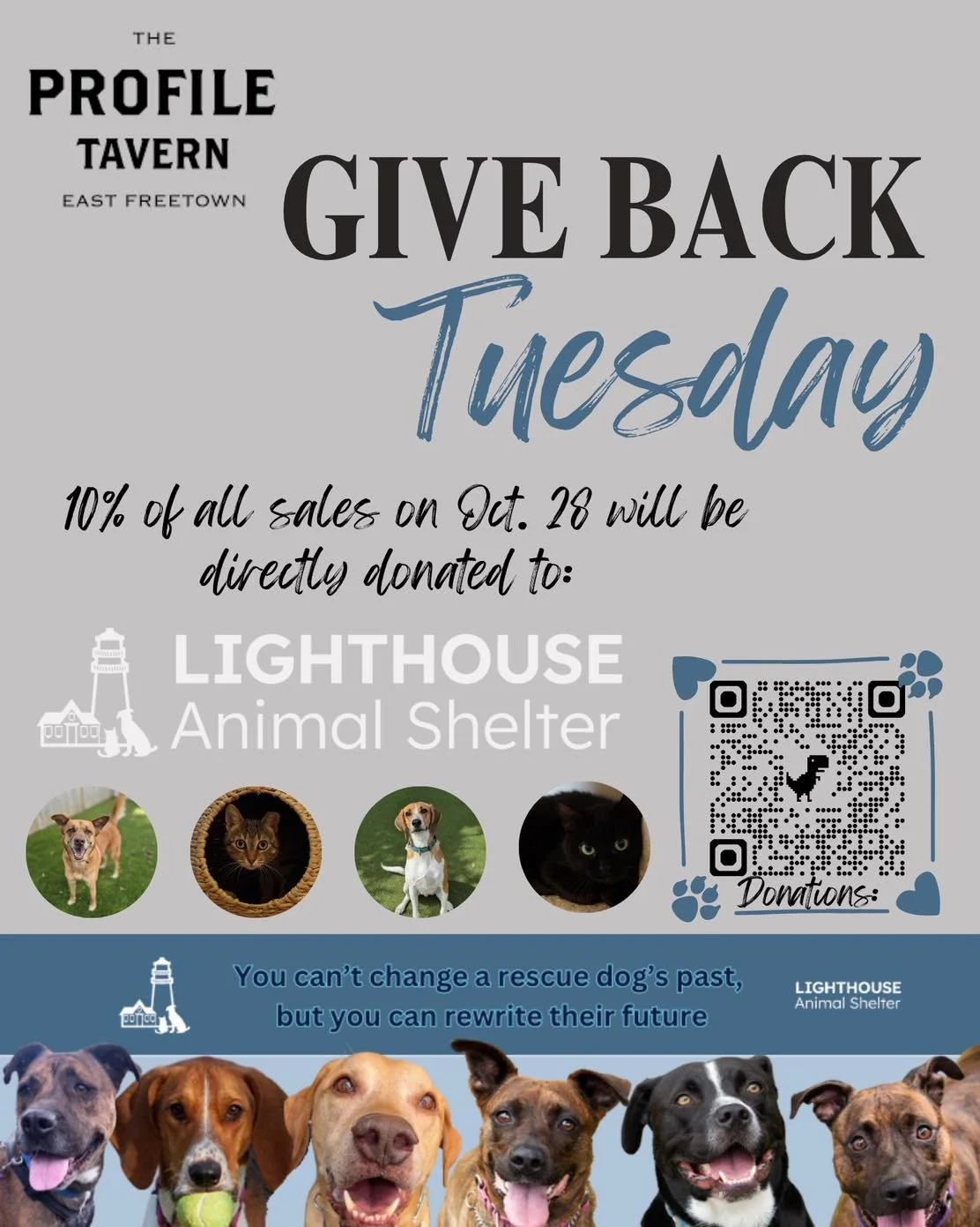 Don’t forget- this Tuesday is Giveback Tuesday! Dine-in , or take out, and 10% of all sales for the day will be donated to Lighthouse Animal Shelter 🐱🐶