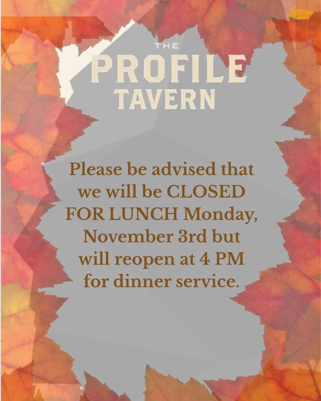 Please be advised that we will be CLOSED FOR LUNCH Monday, November 3rd but will reopen at 4 PM for dinner service. 🍽️ 

Plus, Monday is Game Night so come on down for trivia from 7-9 pm and enjoy our appetizer special - buy any three apps, get one 
