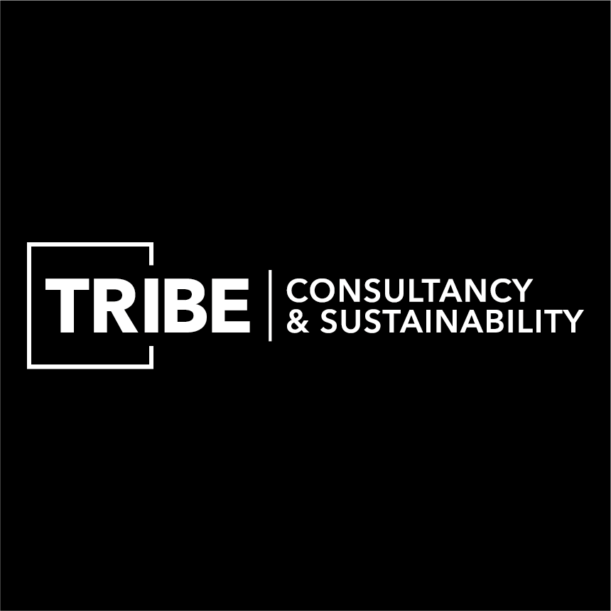 Logo for TRIBE Consultancy & Sustainability with black background, white text, and a geometric square design.