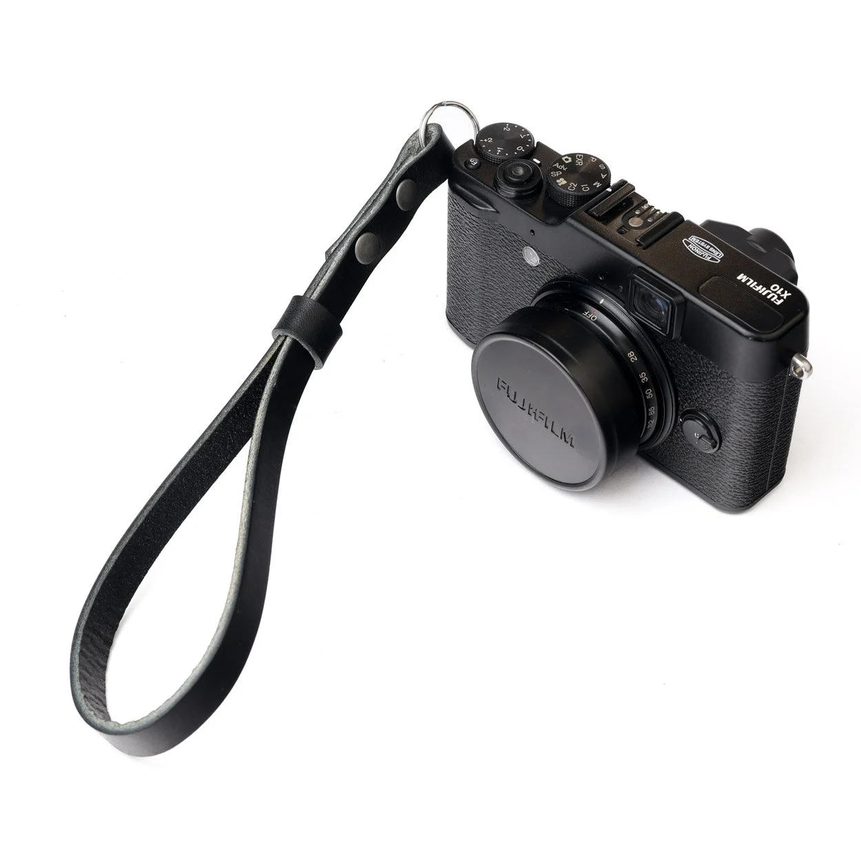 Flint black leather camera wrist strap with Fujifilm mirrorless camera