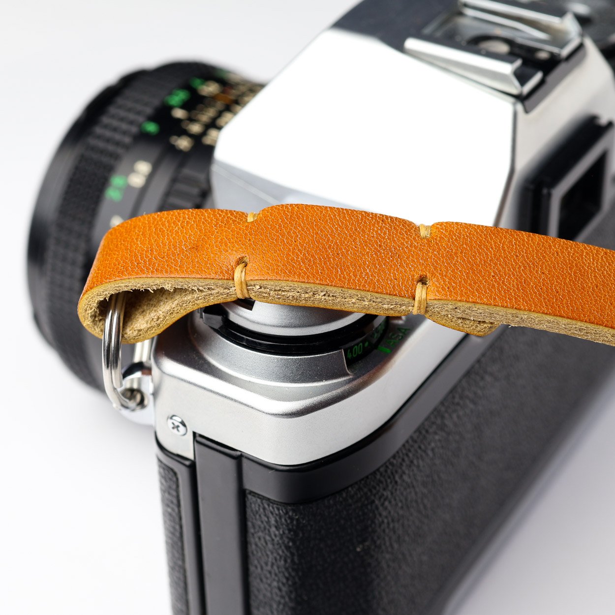 stitched leather camera strap whiskey