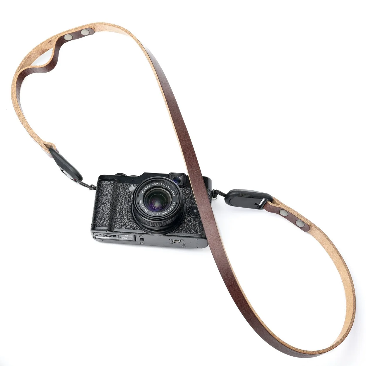 Chestnut peak QR leather camera strap with peak design quick release anchors with a fujifilm camera