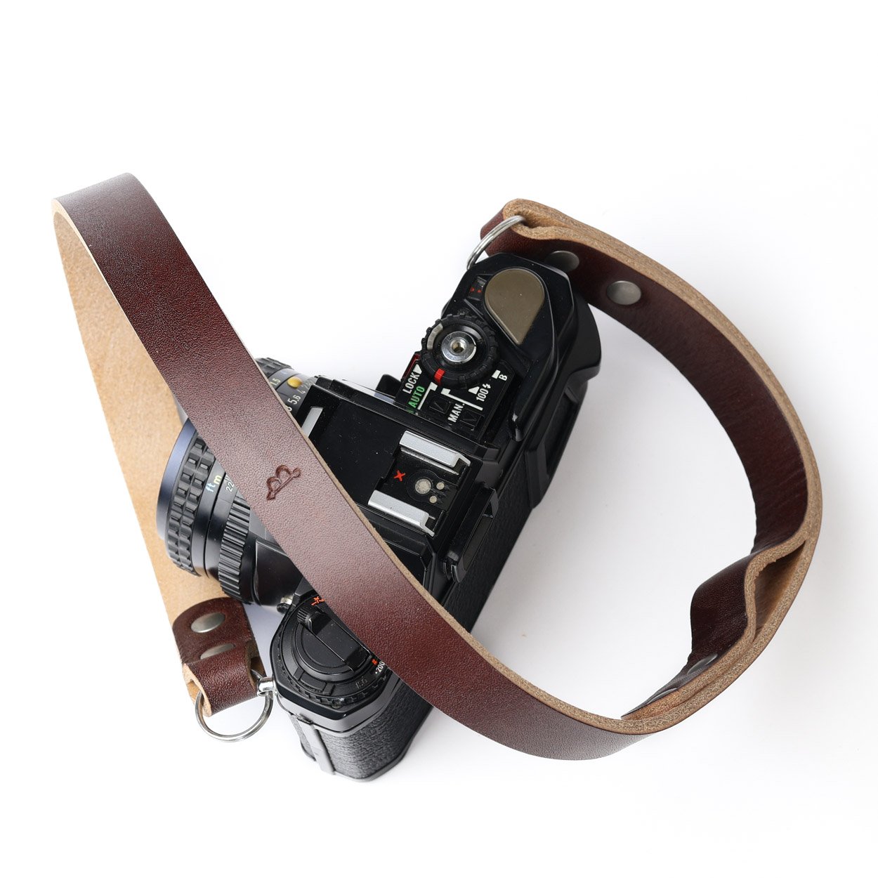 Short chestnut leather camera strap