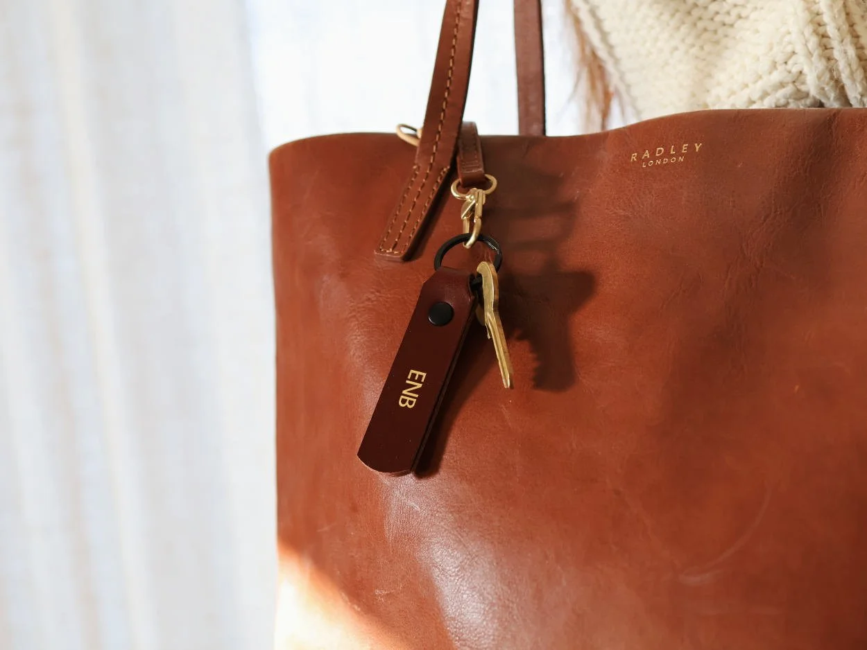 Leather keyring on bag personalised