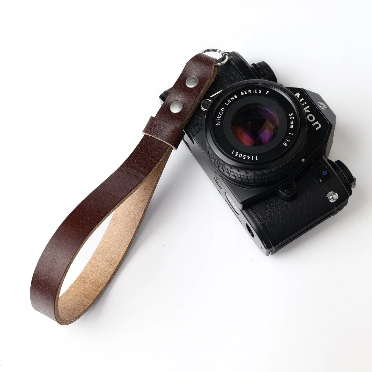 Custom Leather camera wrist strap chestnut Nikon