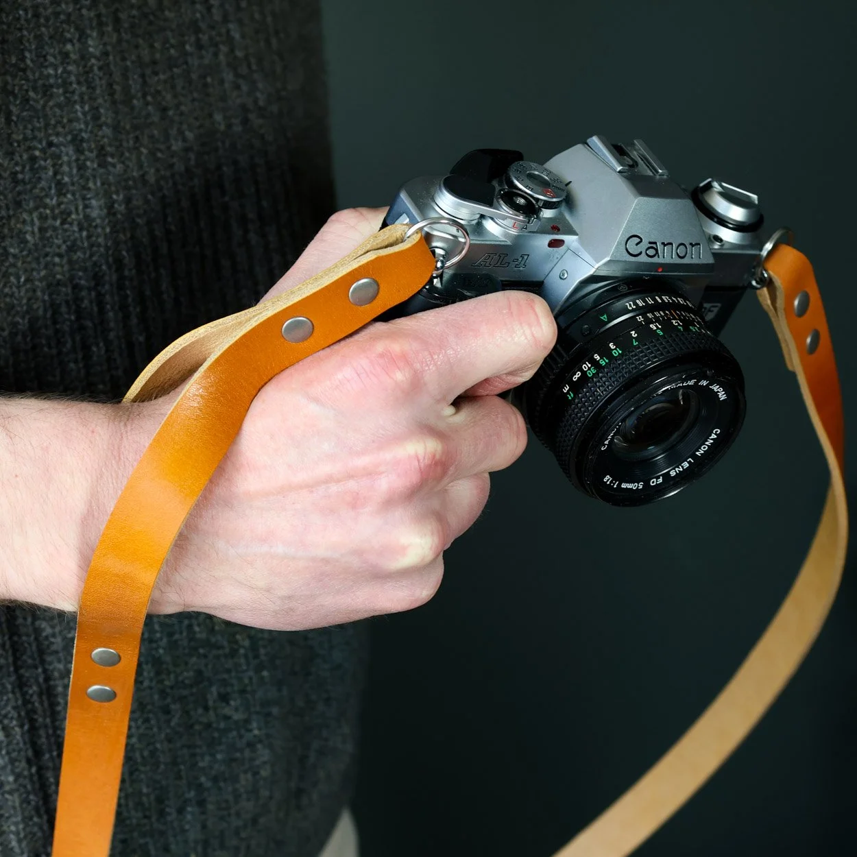 Vantage duo camera strap worn on the wrist with a canon SLR camera