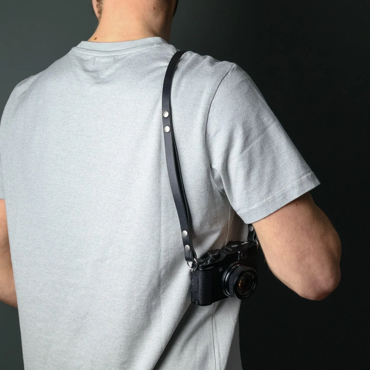 Black Leather camera shoulder strap with fujifilm camera