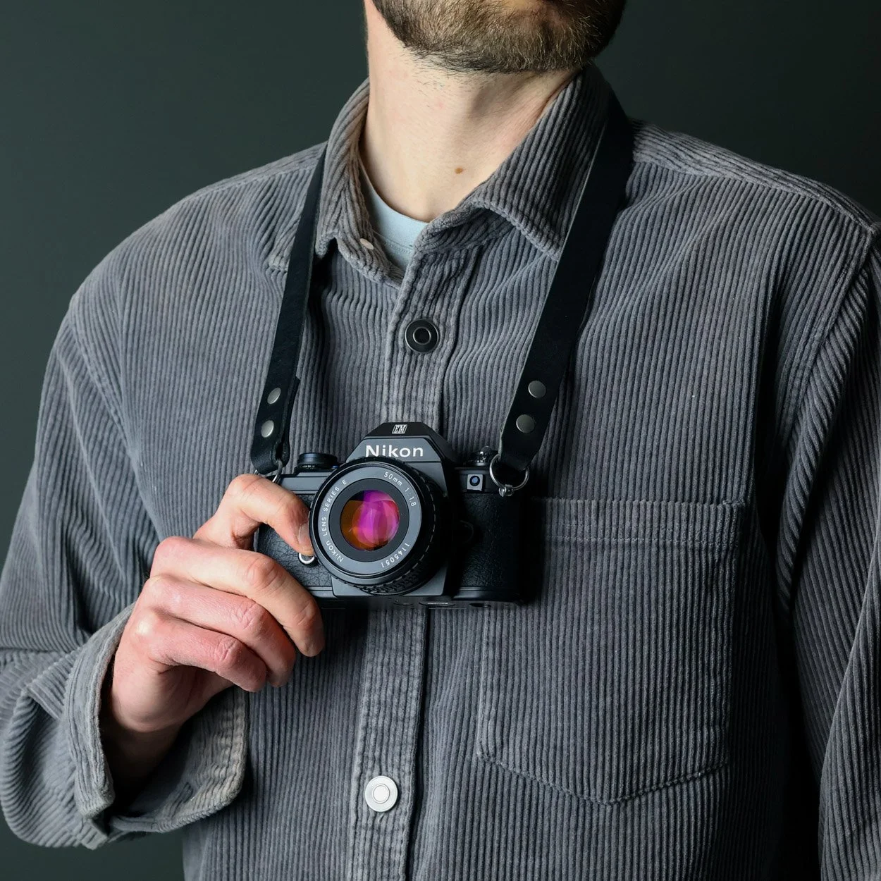 Short black leather camera strap