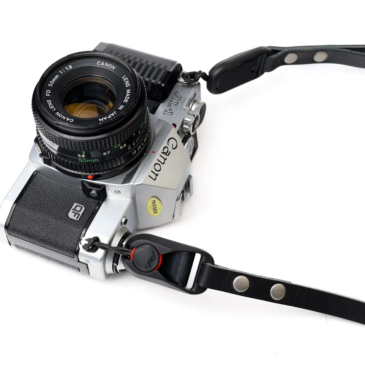 Peak design leather strap handmade in the UK on a canon film camera