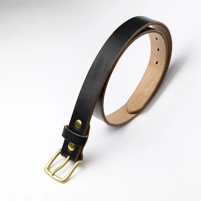 black leather Mens belt with brass buckle
