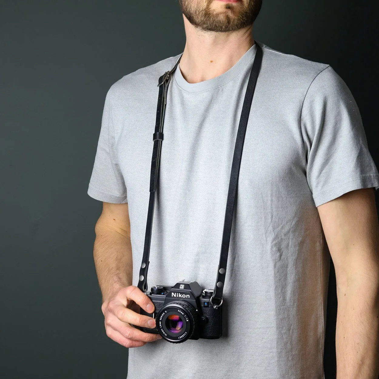 Black leather adjustable camera strap
