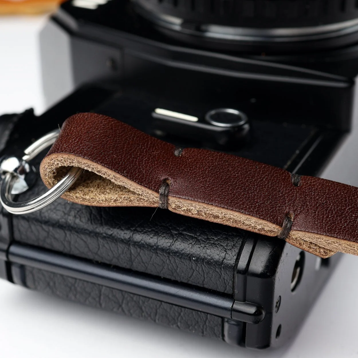 stitched leather camera strap chestnut